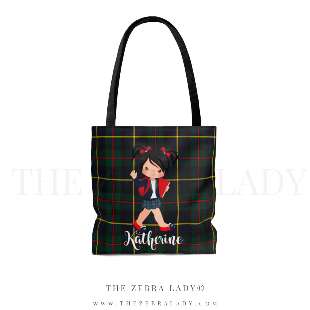 Green Plaid Prep Private School Girl Tote Bag Personalized Black Handle THE ZEBRA LADY